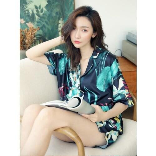 2PCS Women Pajamas Sets Loose Rayon Print Pyjamas Suit Summer M-XL Sleepwear Sexy Notched Nightwear Intimate Underwear Home Wear