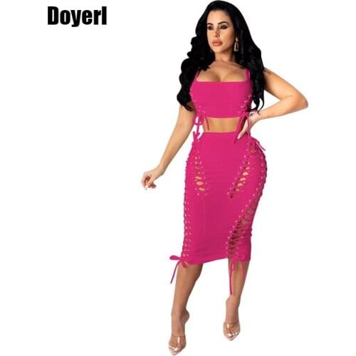 Bandage Sexy Two Piece Skirt Set for Women High Waist Midi Skirt and Top Set Summer Clothes 2 Piece Club Outfits for Women 2021