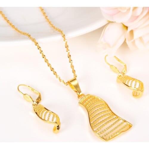 Women Fashion gift Jewelry set Necklace plain sailing Earrings Pendant Wedding sets 24 k Real Solid Fine Gold Finish long hang