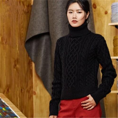 100%hand made pure wool turtleneck twisted knit women slim H-straight pullover sweater one&over size