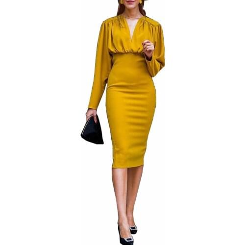Casual Women Pencil Dress Long Sleeve V-neck Solid Yellow Vestidos 2020 Autumn Winter Fashion Elegant Folds Dresses For Woman