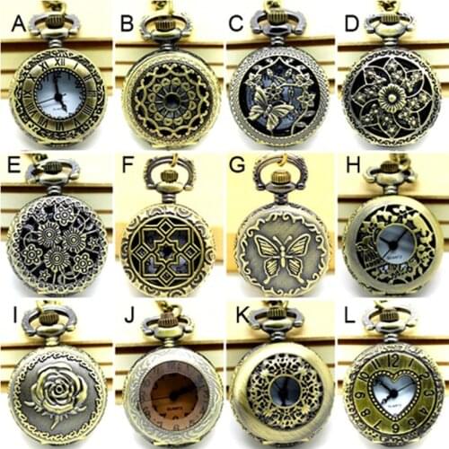 APW005) Wholesale Vintage Bronze Small mixed 12 designs Pocket Watch Necklace, Victorian style watch pendant.party free gift