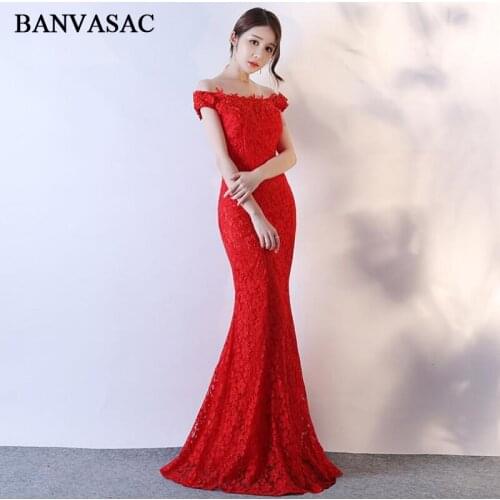BANVASAC Boat Neck Mermaid Lace Appliques 2018 Long Evening Dresses Party Embroidery Short Sleeve Backless Prom Gowns