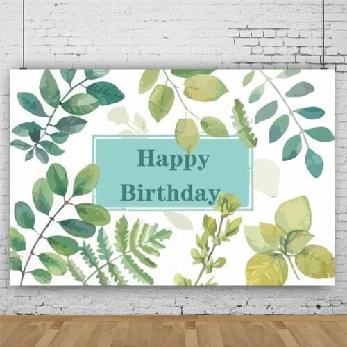 Green Leaves Happy Birthday Backdrop Holiday Party Room Decor Photo Booth Studio Prop