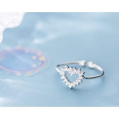 MloveAcc 100% 925 Sterling Silver Jewelry Hollow Heart Cubic Zirconia Crystal Open Adjustable Ring Fashion Jewelry for Women