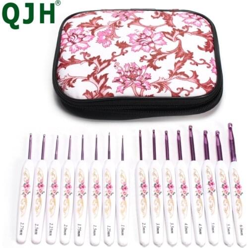 QJH 16-Piece Printed Aluminum Alloy Crochet Set with ABS Plastic Handle For Crocheting Hats, Sweaters, Baby Socks, Scarves, Etc