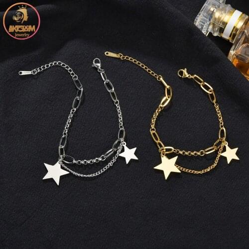 Akizoom Fashion Pentagram Bangles Stainless Steel Gold Color Double Layers Bracelets Vintage for Women Charm Jewelry Gift