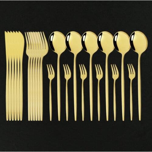Gold Cutlery Set Mirror 24Pcs Dinnenrware Set Stainless Steel Flatware Kitchen Dinner Knife Cake Fork Spoon Teaspoon For Party
