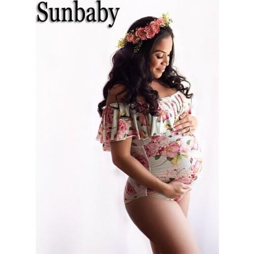New Summer Floral Ruffle Flat Shoulder Photography clothes for pregnant women Elastic Fabric Maternity bodysuit for photo shoot