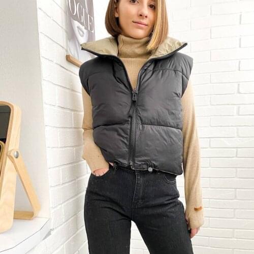 New Spring Black Cropped Vest Coat Women Vogue Warm Sleeveless Parkas High Collar Waistcoat Female Casual Outerwear Chic Top