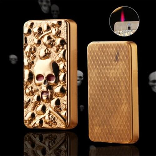 Personality Creative Metal Skull Embossed Craftsmanship Windproof Straight Red Flame Butane Gas Lighter Cigarette Accessories