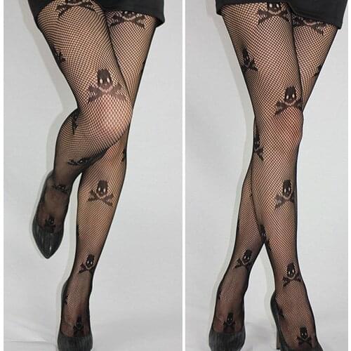 Sexy Stay Up Thigh high Tights Stockings Socks Fishnet Mesh Skull Print Punk Stretch Pantyhose For Women