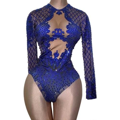 Sexy Blue Print Rhinestone Dancer Bodysuit Women Long Sleeve Crystal Jumpsuit Female Club Showgirl Stage Leotard Costume