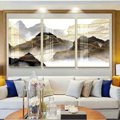 Nordic Abstract Mountain Landscape Wall Art Canvas Painting Golden Sun Art Poster Print Wall Picture for Living Room