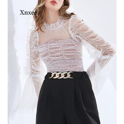 2021 Summer French Court Retro Puff Sleeve Mesh Shirt Women Tees Spring Perspective Fashion Puff Sleeve New Sweet Dot Tops