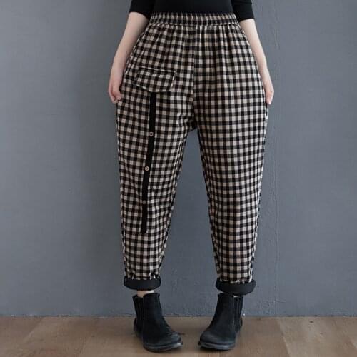 Women Casual Pencil Pants New 2020 Autumn Winter Korean Style Vintage Plaid Elastic Waist Loose Female Cotton Trousers S2317