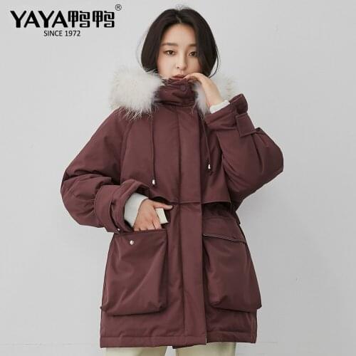 YAYA Womens White Duck Down Jacket Medium Length Thick Down Coat Hooded Loose Outerwear With Detachable Real Raccoon Fur Collar