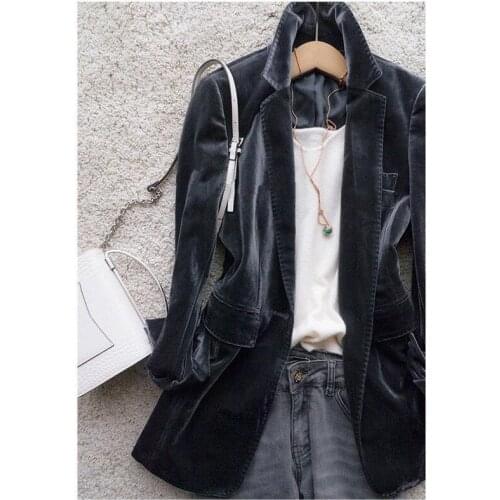 Fashion Velvet Women Blazer Coats Solid Autumn New 2021 Turn-Down Collar Slim Office Lady Elegant Outwear Tops