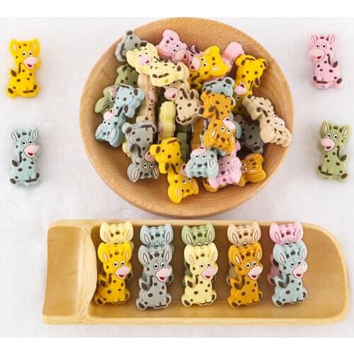 Kovict 10Pcs Cartoon Giraffe Silicone Animal Beads Baby Teeth Care Teething Ring DIY Pacifier Chain Rodent Teether Toy BPA-Free