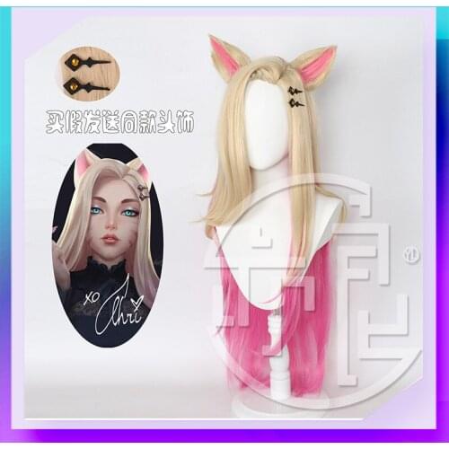 2020 KDA Baddest Ahri Cosplay Wig KDA The Baddest Blonde Mixed Pink Hair with Ears Headwear Heat Resistant Synthetic Hair