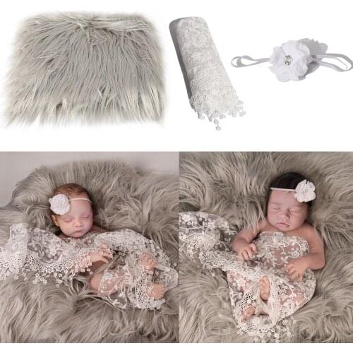 3Pcs/Set 0-3Month Newborn Photography Props Baby Headband+Fur Blanket+Lace Wrapper Costume Clothing Shoot Studio Accessories