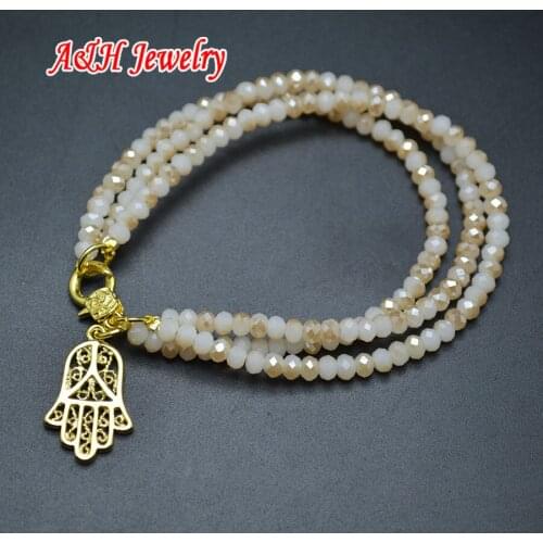 5pcs Champagne Color Faceted Crystal Glass Beads Gold Hamsa Charms 3 Layers Women Bracelets