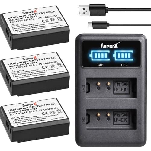 AsperX 3Pcs 1800mAh LP-E10 LP E10 LPE10 Camera Li-ion Battery + LED USB Charger For Canon 1100D 1200D Kiss X50 X70 Rebel T3 T5