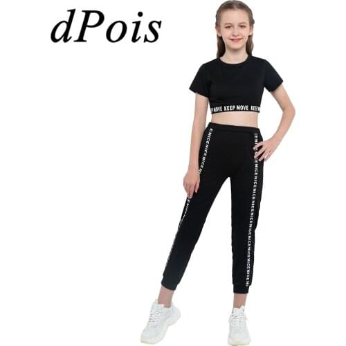 Kids Tracksuit Girls Ballet Gymnastics Outfits Sportwear Letter Printed Short Sleeves Crop Top with Leggings 2pcs Children Sets