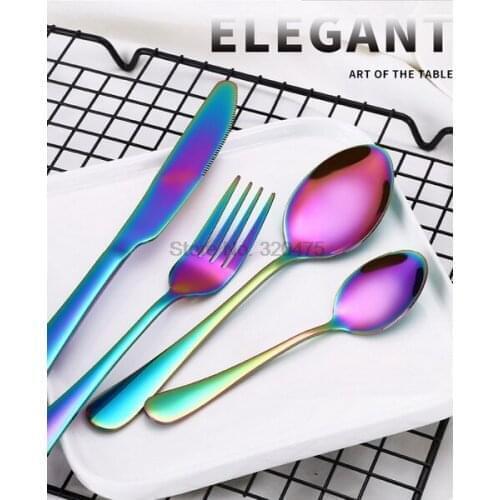 By dhl 50set 4pcs/set Colorful Cutlery Set Rainbow Gold Plated Dinnerware Creative Dinner Set Fork for Wedding and Hotel