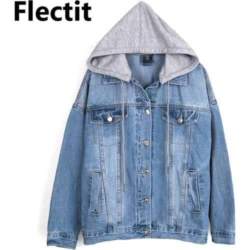 Flectit 2019 High Quality Denim Jacket Hoodie Women Oversize Long Sleeve Hooded Combo Jeans Jacket Plus Size Black Blue