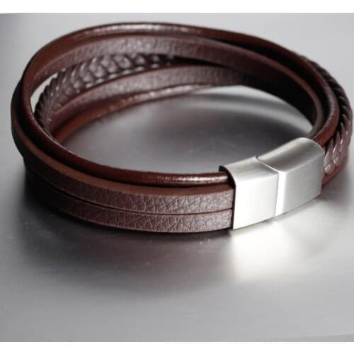 Geometric Fashion New Men Jewelry Genuine Leather Bracelets Stainless Steel Magnetic Clasp Vintage Brown Rope Chain for Gifts