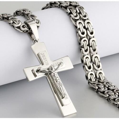 Stainless Steel Catholic Jesus Christ Cross Necklace Gold Silver Color Square Metal Pendants Chain Necklace Religous Jewelry