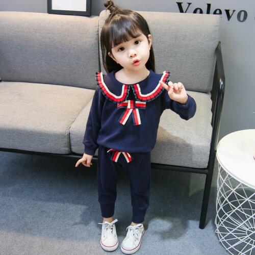 Baby Girls College Style Clothing Sets Doll collar Bow Long Sleeve Top + Pants 2 pcs Suit Clothes for Children KIds Autumn Set