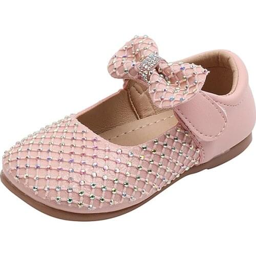 Girls' Leather Shoes 2021 Autumn New Childrens Shoes Rhinestone Bow Princess Shoes Soft Sole Sweet Casual Flats Hot for Wedding