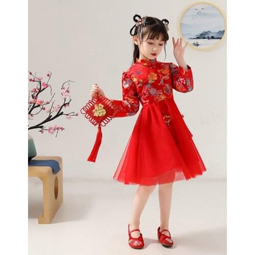 Red Girl Silky Satin Princess Dress for Wedding party Kids Winter Thick First Communion Pageant Dresses New Year Clothing