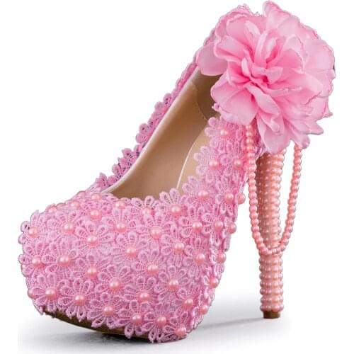 Red Lace Flower Wedding Shoes Pearl Beaded Large Size Super High Heel with Platform for Party Banquet Bridesmaid Bridal