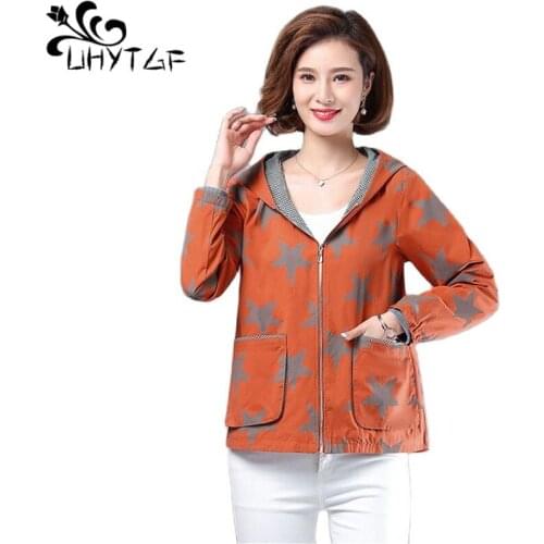 UHYTGF 2021 Spring Autumn Jacket Womens Fashion Printed Casual Mother Short Coat Hooded Zipper Thin 3XL Plus Size Outerwear 19