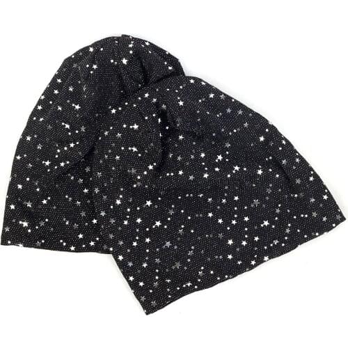Fashion Women Cotton Benaie Hat Lady Shiny Charming Star Hats Elastic Baggy Glitter Pentagram Skull Cap for Female Girls