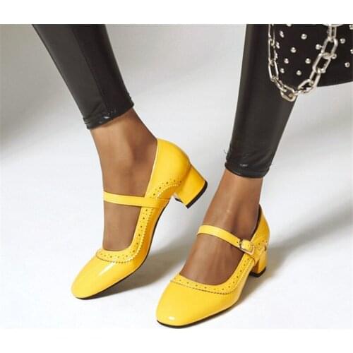 PXELENA Fashion Vintage Fretwork Square Toe Block Chunky Mid Heels Shoes Woman Dating Wedding Pumps Plus Size Black White Yellow