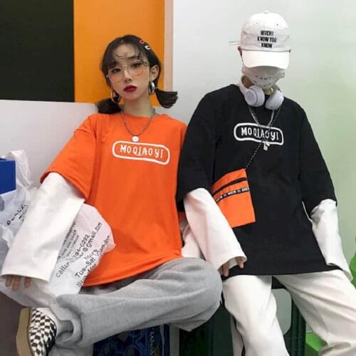 Mens and womens T-shirts 2021 spring Han Harajuku style retro hit color letters wild loose fake two-piece long-sleeved T-shirt