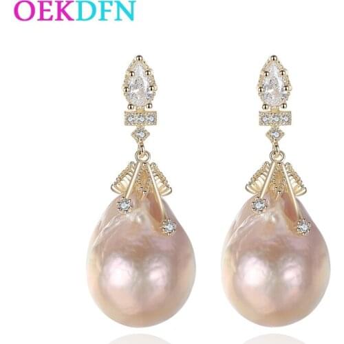OEKDFN Luxury 100% 925 Sterling Silver Drop Earrings Baroque Pearls Gemstone Womens Dangle Yellow Gold Fine Jewelry Gift