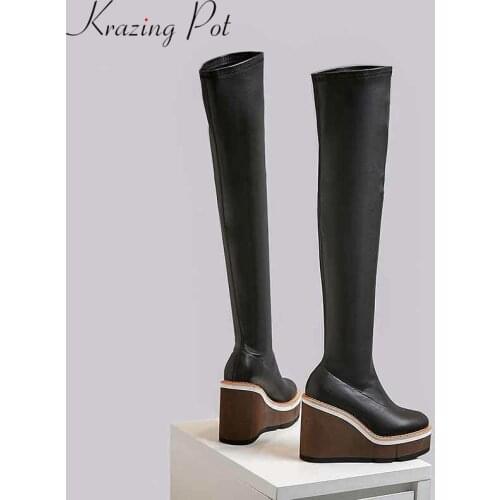 Krazing pot mixed colors wedges thick bottom stretch leather boots round toe waterproof winter women simple thigh high boots L17