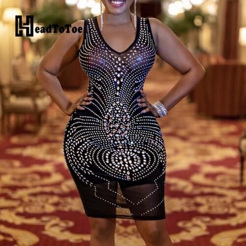 Solid Mesh Diamonds Perspective Sexy Party Dress Women Sleeveless V Neck Above Knee Skinny Bodycon Dress