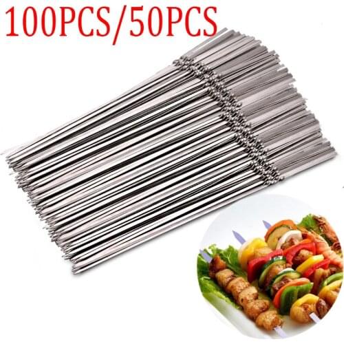 Skewers for Barbecue Reusable Grill Stainless Steel Skewers Shish Kebab BBQ Camping Flat Forks Gadgets Kitchen Accessories Tools