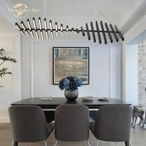 Modern LED Chandeliers Lighting Creative Fish Bone Iron Acrylic Black White Pendant Hanging Lights Bedroom Living Room Lamps