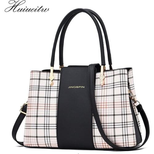HUIUEITW New Casual Plaid Shoulder Bag Leather Handbag Fashion Stitching Wild Messenger Brand Female Totes Crossbody Bags Women