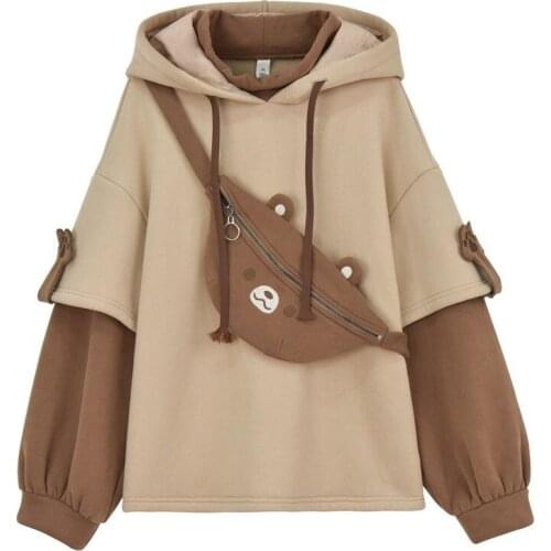 Mori girl Japanese tribe fake two-piece loose stitching top cute bear with bag student jacket