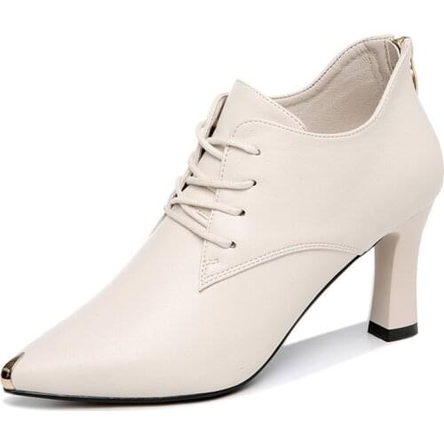 Soft Leather Womens Thick Heel Shoes 2021 Spring Foreign Style High Heels Pointy Lace Leather Fine Heel Shoes