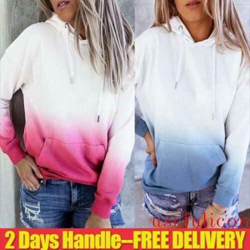 Womens Gradient Color Pocket Sweatshirt Hoodie Pullover Hoody Jumper Casual Tops