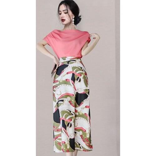 New 2021 Korea Women Summer Two Pieces Set Office OL Sexy Satin Pink Shirt Tops + High waist Chain Print Bodycon Midi Skirt Suit